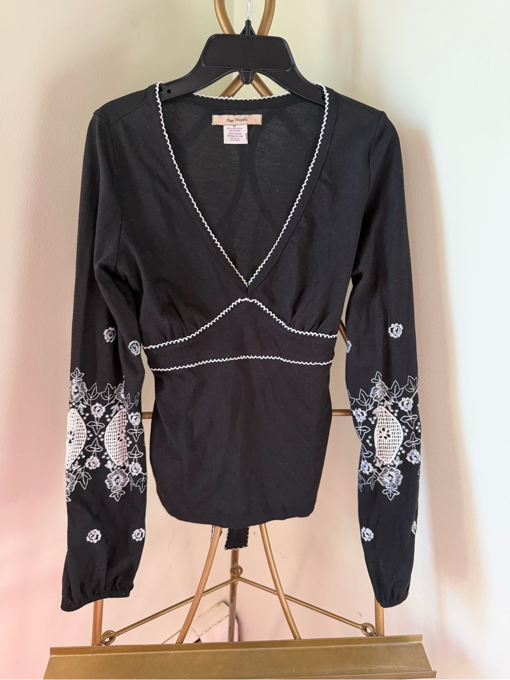 Free People Women’s Black Long Sleeve V-Neck Top with Floral Embroidery